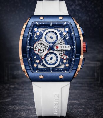 Front view of the CURREN 8442 multi-function chronograph watch, featuring a blue and rose gold case with a white silicone band.