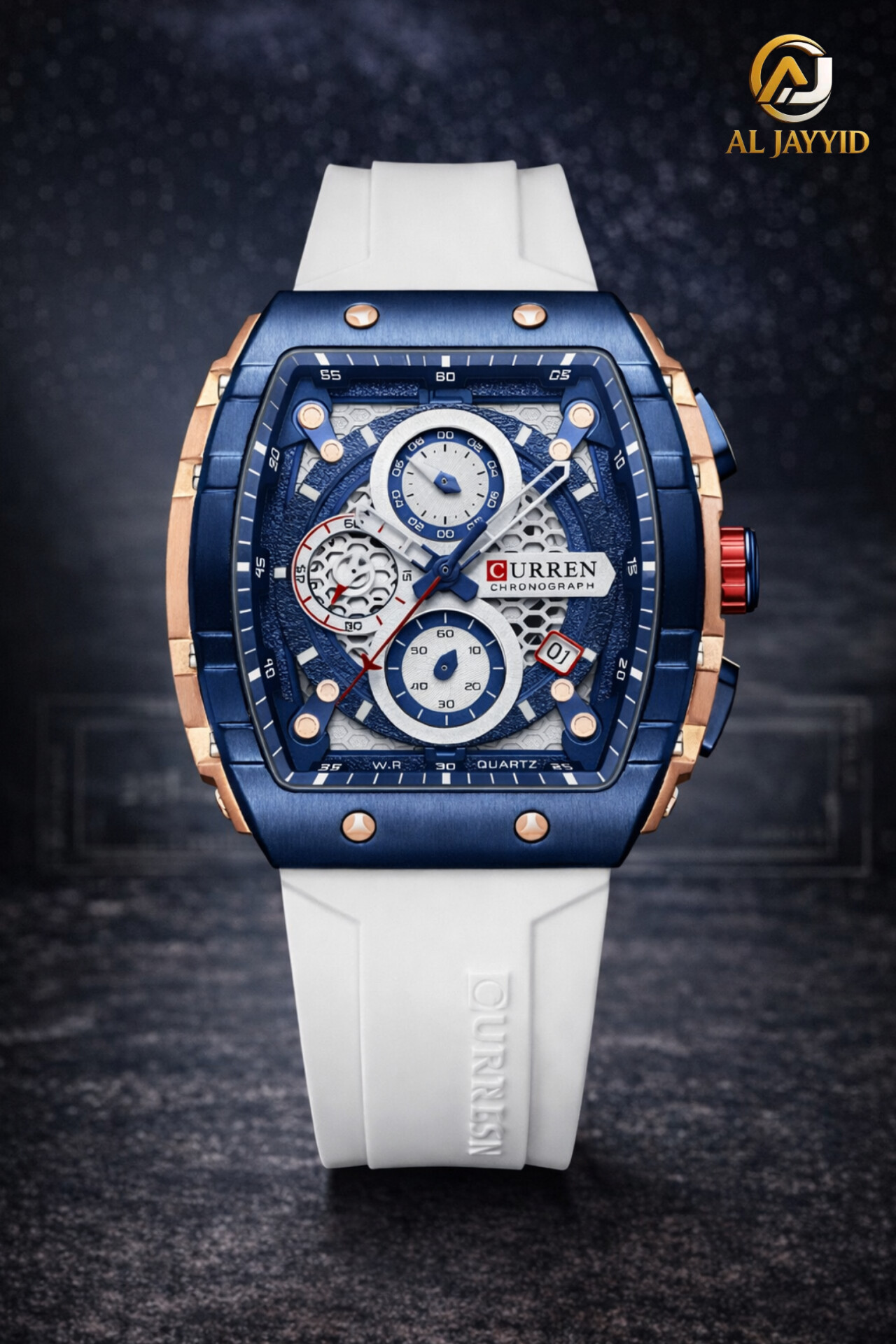 Front view of the CURREN 8442 multi-function chronograph watch, featuring a blue and rose gold case with a white silicone band.