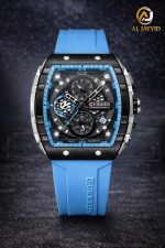A front view of the CURREN 8442 chronograph men's watch, featuring a black and silver case with a sky blue silicone band.