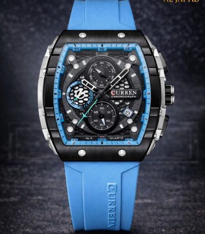 A front view of the CURREN 8442 chronograph men's watch, featuring a black and silver case with a sky blue silicone band.