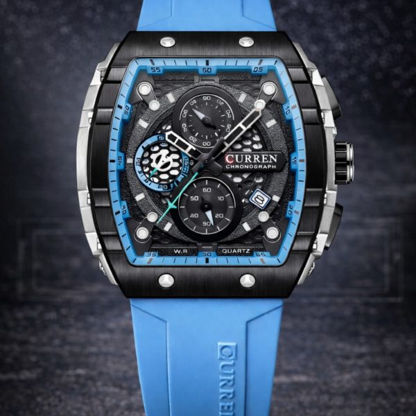 A front view of the CURREN 8442 chronograph men's watch, featuring a black and silver case with a sky blue silicone band.