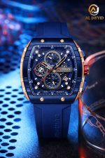 A front view of the CURREN 8442 multi-function chronograph men's watch, featuring a blue silicone band and a rose gold case.