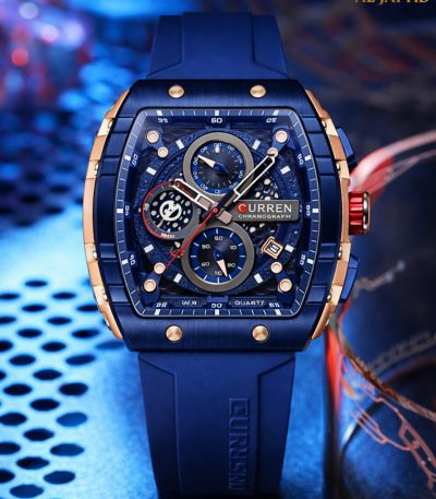 A front view of the CURREN 8442 multi-function chronograph men's watch, featuring a blue silicone band and a rose gold case.