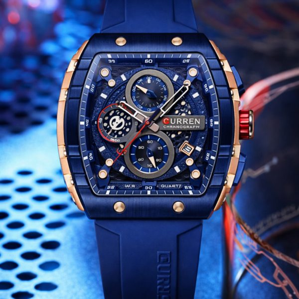 A front view of the CURREN 8442 multi-function chronograph men's watch, featuring a blue silicone band and a rose gold case.