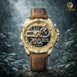 The NAVIFORCE NF9208 dual time watch with a golden case and brown leather strap, shown in a rainy outdoor setting.