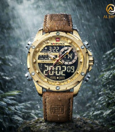 The NAVIFORCE NF9208 dual time watch with a golden case and brown leather strap, shown in a rainy outdoor setting.