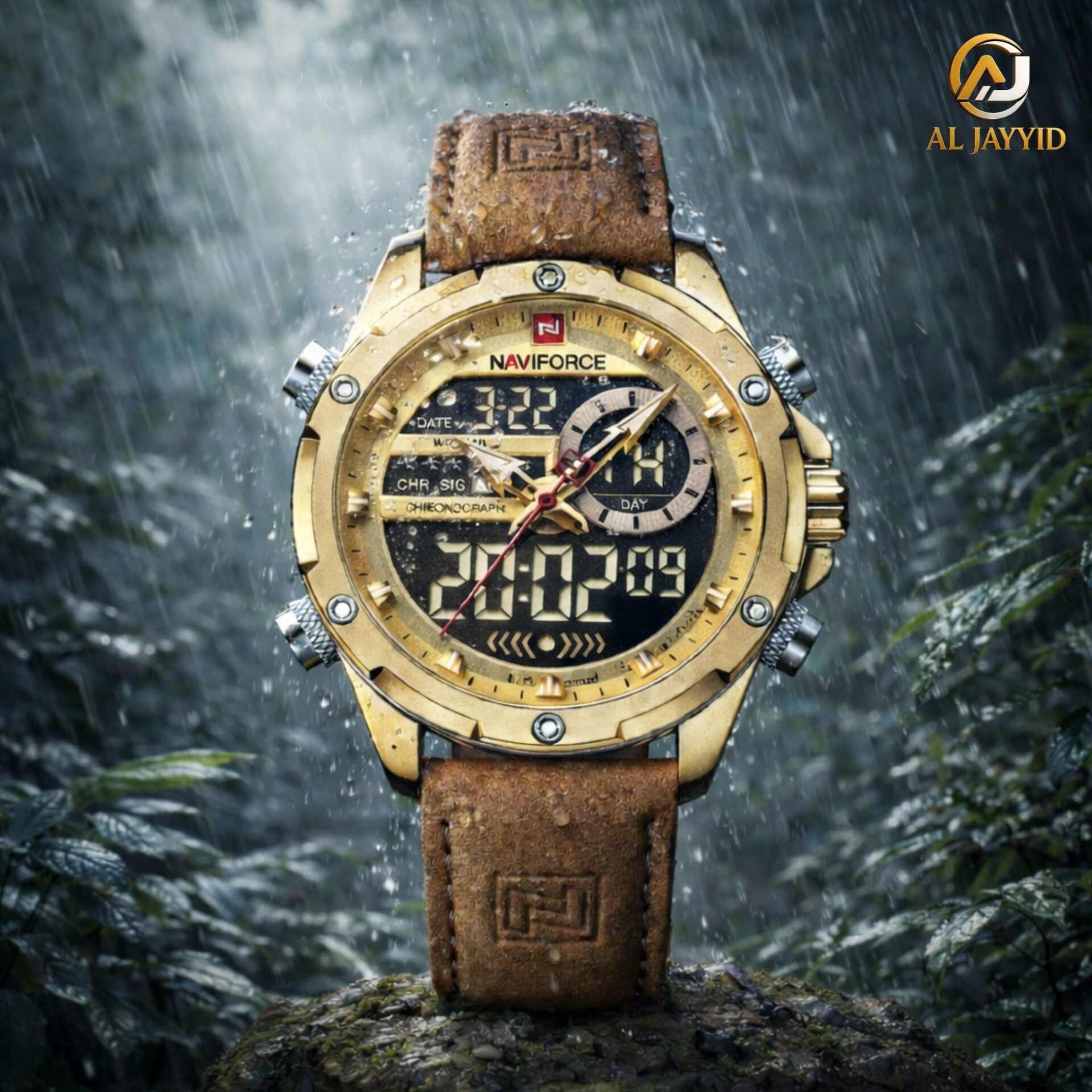 The NAVIFORCE NF9208 dual time watch with a golden case and brown leather strap, shown in a rainy outdoor setting.