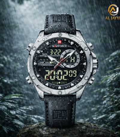 Front view of the NAVIFORCE NF9208 PU Leather Dual Time Watch with its black strap, resting on a rock in the rain.