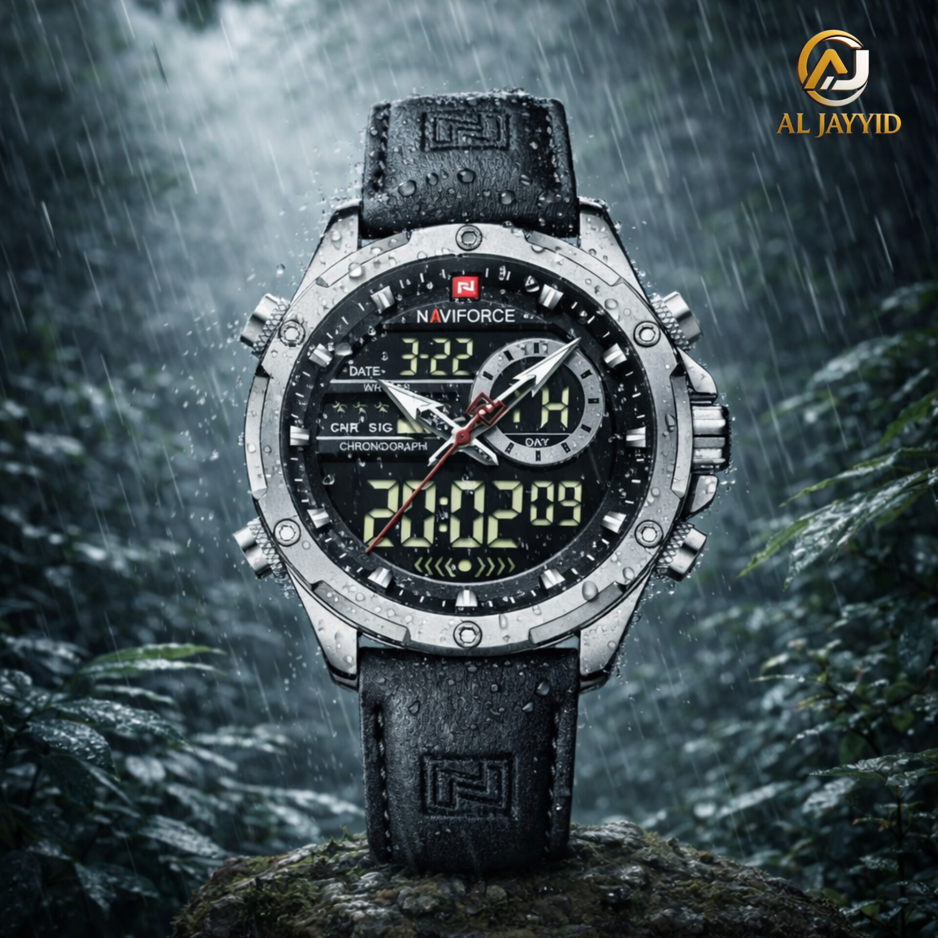 Front view of the NAVIFORCE NF9208 PU Leather Dual Time Watch with its black strap, resting on a rock in the rain.