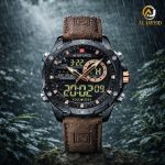 NAVIFORCE NF9208 dual time watch with a brown PU leather strap, shown outdoors in the rain resting on a mossy surface.