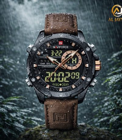 NAVIFORCE NF9208 dual time watch with a brown PU leather strap, shown outdoors in the rain resting on a mossy surface.