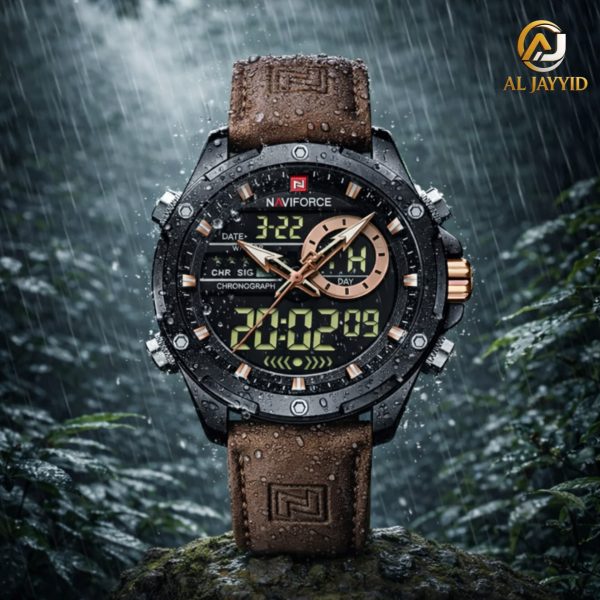 NAVIFORCE NF9208 dual time watch with a brown PU leather strap, shown outdoors in the rain resting on a mossy surface.