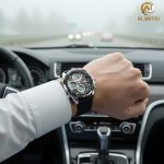 A man wearing the POEDAGAR E108 Analog-Digital Chronograph watch with a black leather strap while driving a car on a foggy day.