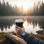A man wearing a POEDAGAR E108 watch holds a coffee cup by a misty lake at sunrise.