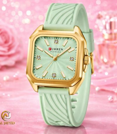A Curren 9113 women's watch with a square gold-tone case, a light green textured dial, and a matching green silicone strap.