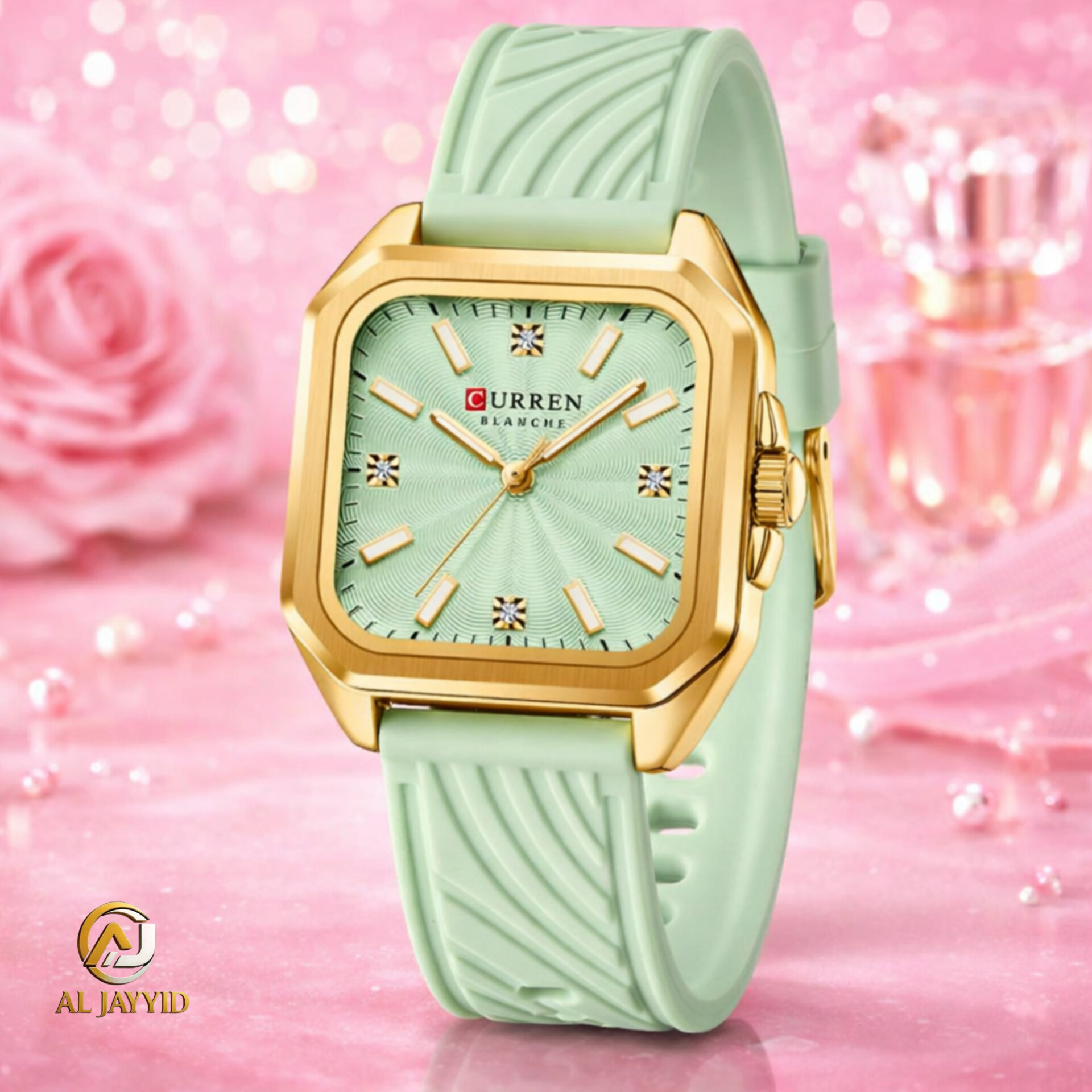 A Curren 9113 women's watch with a square gold-tone case, a light green textured dial, and a matching green silicone strap.