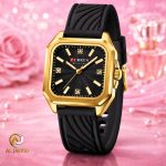 The Curren 9113 women's watch featuring a square gold-colored case, a black textured dial, and a black silicone strap.