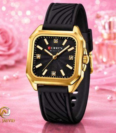 The Curren 9113 women's watch featuring a square gold-colored case, a black textured dial, and a black silicone strap.