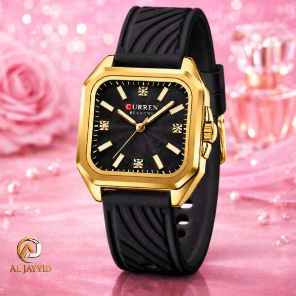 The Curren 9113 women's watch featuring a square gold-colored case, a black textured dial, and a black silicone strap.