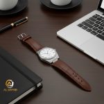 A SKMEI 9390 Men's Roman Quartz Watch with a brown leather strap and white dial, resting on a dark wooden office desk.