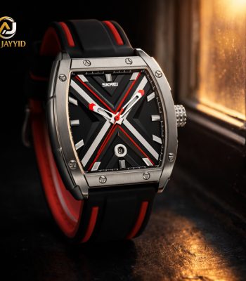 A SKMEI 9364 quartz watch with a black and red X-patterned dial, silver-tone case, and a black and red rubber strap.