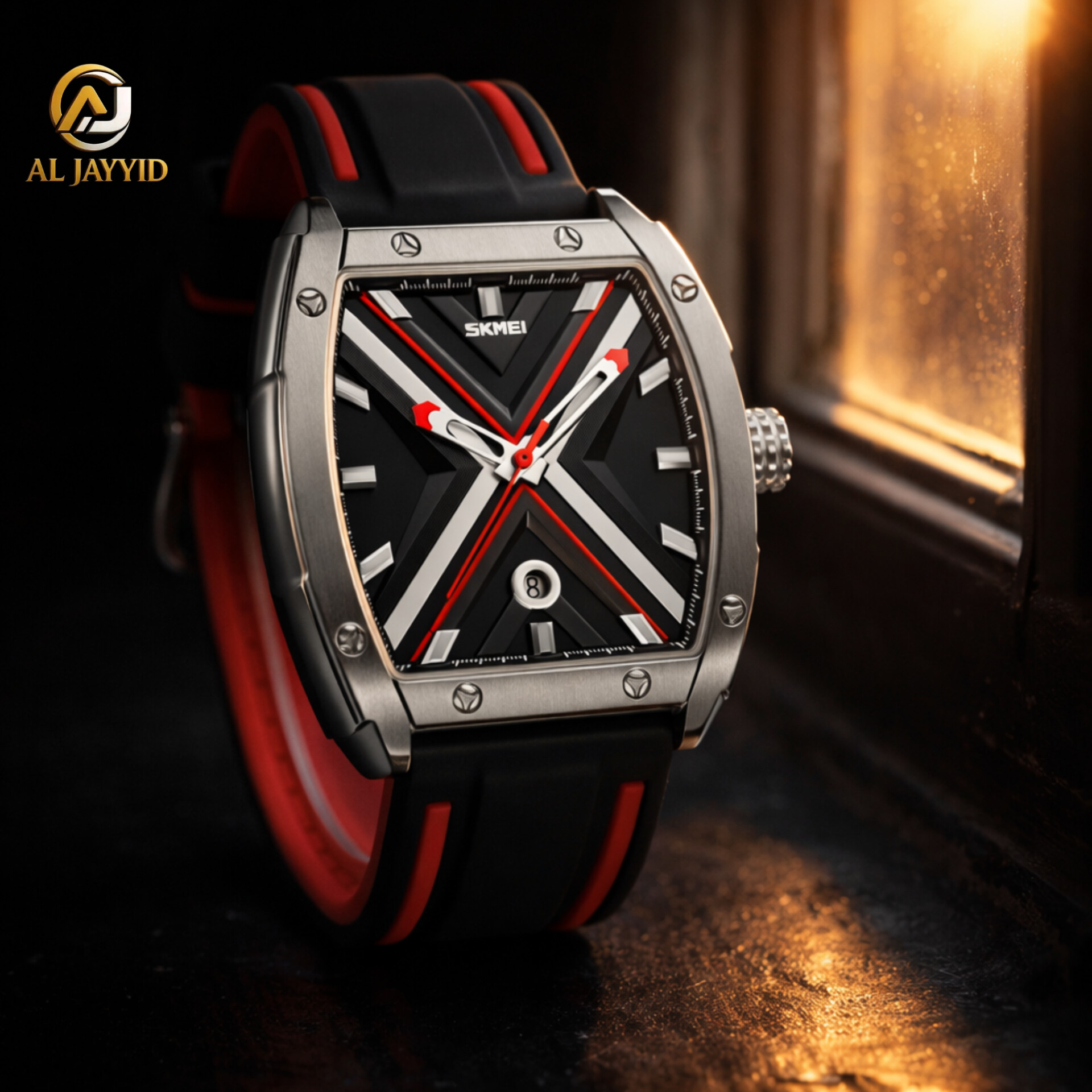 A SKMEI 9364 quartz watch with a black and red X-patterned dial, silver-tone case, and a black and red rubber strap.