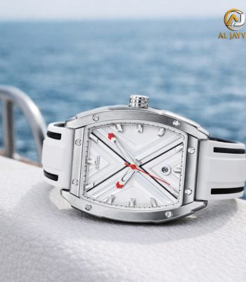A front-angle view of the SKMEI 9364 men's watch, featuring a white hollow dial and white strap, set against a sea background.