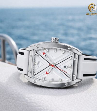 A front-angle view of the SKMEI 9364 men's watch, featuring a white hollow dial and white strap, set against a sea background.