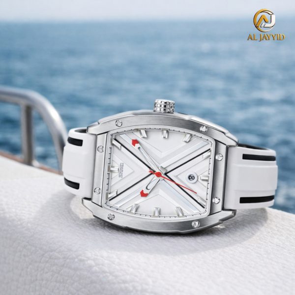 A front-angle view of the SKMEI 9364 men's watch, featuring a white hollow dial and white strap, set against a sea background.