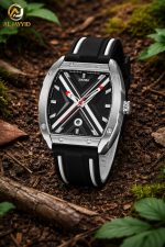A SKMEI 9364 Men's Luminous Hollow Watch with a black and white X-pattern dial, resting on a bed of forest soil and leaves.