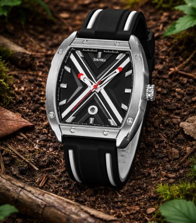 A SKMEI 9364 Men's Luminous Hollow Watch with a black and white X-pattern dial, resting on a bed of forest soil and leaves.