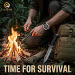 A man wearing the SKMEI 9364 Men's Luminous Hollow Watch starts a fire in a survival setting with a backpack and knife nearby.