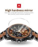 Close-up of the OLEVS 3645 chronograph, showing its scratch-resistant glass, wood grain bezel, and black steel band.