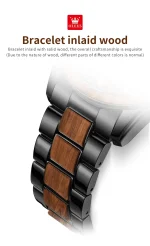 A close-up view of the OLEVS 3645 watch bracelet, highlighting the elegant combination of black steel links and rich wood inlays.