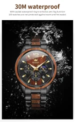The OLEVS 3645 Wood & Steel Moon Phase Chronograph watch is shown against a dark background with water splashing around it.