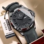 A POEDAGAR 895 Luminous Leather Men's Watch with a grey strap and a black textured dial, shown in its presentation box.