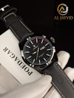 A close-up of the POEDAGAR 895 Luminous Leather Men's Watch in black, held by a gloved hand against a dark background.