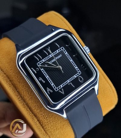 Universe Point Watch with a square black dial, silver case, Arabic numerals, and a black silicone strap, shown at an angle.