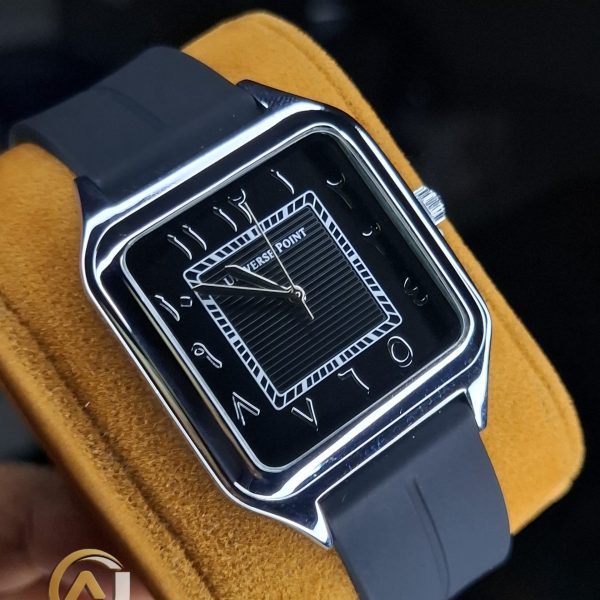 Universe Point Watch with a square black dial, silver case, Arabic numerals, and a black silicone strap, shown at an angle.