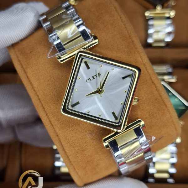 A close-up of the OLIYA 6819 women's two-tone watch, showing its square gold case and silver and gold metal bracelet.