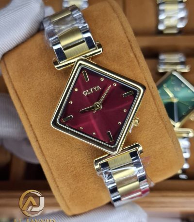 OLIYA 6819 women's watch with a square red dial, gold-tone case, and a two-tone gold and silver metal link bracelet.