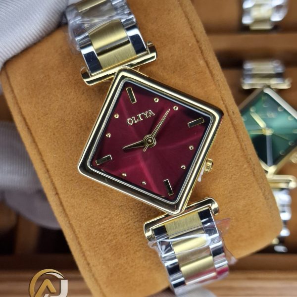 OLIYA 6819 women's watch with a square red dial, gold-tone case, and a two-tone gold and silver metal link bracelet.