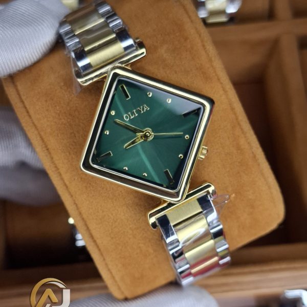 Close-up of the OLIYA 6819 women's watch, showing its square green dial, gold-tone case, and two-tone metal bracelet.