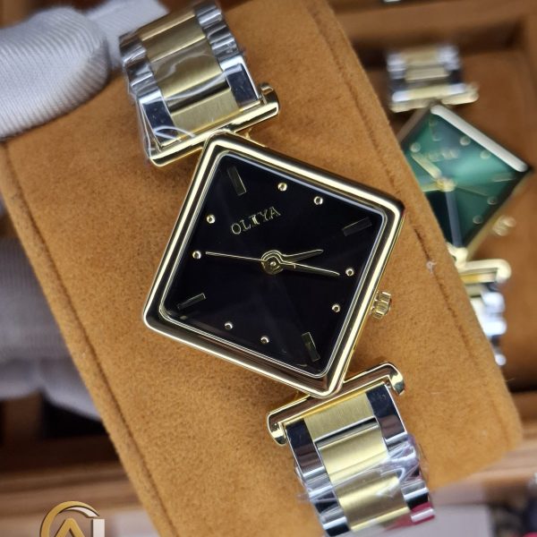 Close-up of the OLIYA 6819 women's watch, featuring a square black dial, gold-tone case, and a two-tone metal bracelet.