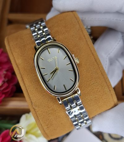 A close-up of the OLIYA 2015 women's watch, showing its gray oval dial with gold details and two-tone metal strap.