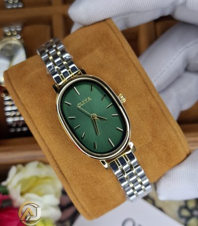 OLIYA 2015 women's watch with a green oval face, gold case, and a two-tone gold and silver metal link bracelet.