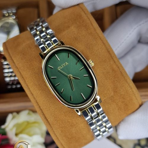 OLIYA 2015 women's watch with a green oval face, gold case, and a two-tone gold and silver metal link bracelet.