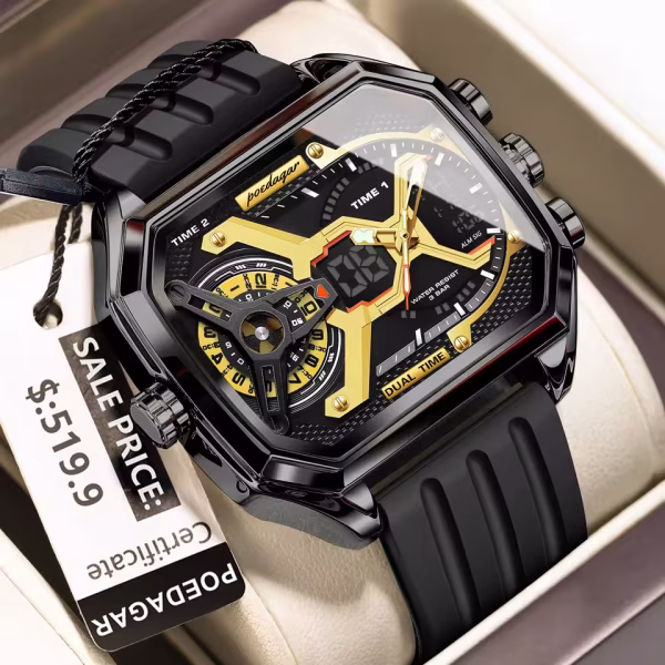 A close-up of the POEDAGAR E106 dual display men's watch, featuring a black case, gold accents, and a black silicone strap.
