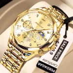 A close-up view of the Poedagar 938 men's luxury watch in gold, showing its detailed chronograph face and steel band.