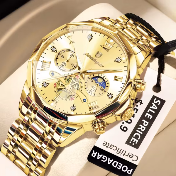 A close-up view of the Poedagar 938 men's luxury watch in gold, showing its detailed chronograph face and steel band.